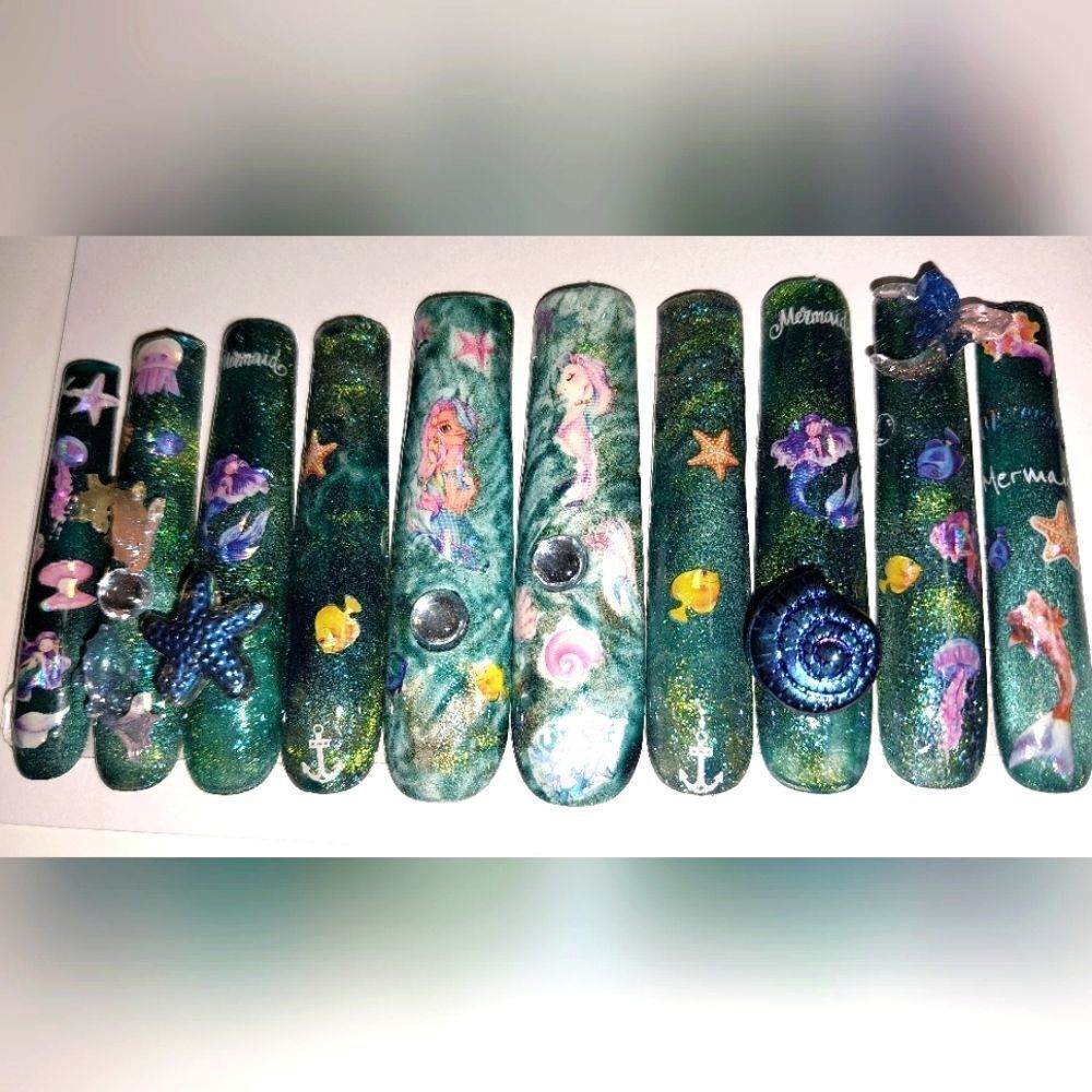 Hand crafted custom mermaid design10pc 4xl long acrylic press on nails sz medium